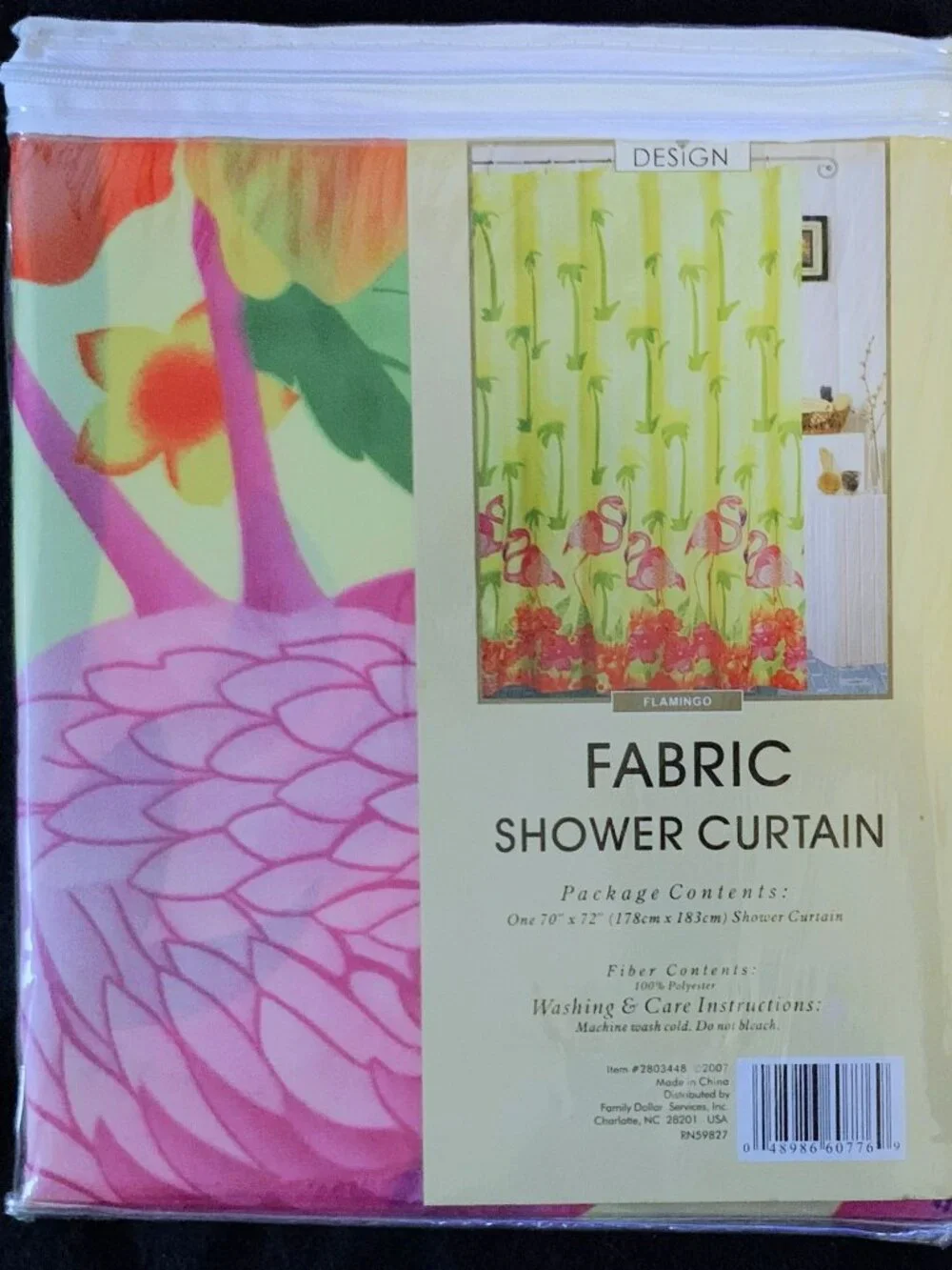 NEW Tropical Flamingo & Hibiscus Fabric Shower Curtain & Flamingo Art Card